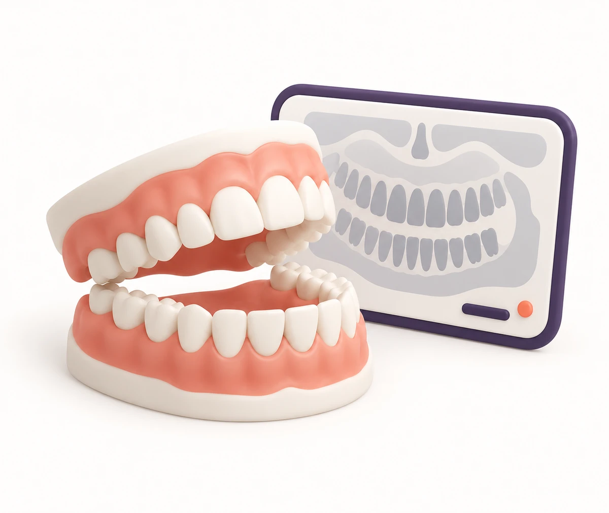 Модель обеих челюстей рядом с абстрактной двумерной панорамной карточкой без реальных данных